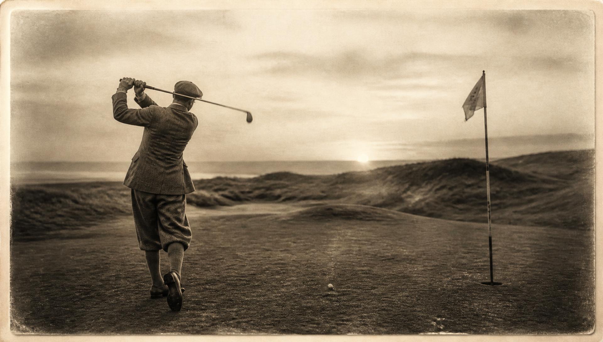 Sepia archival photograph of a golfer in tweed plus-fours on a links course at dawn
